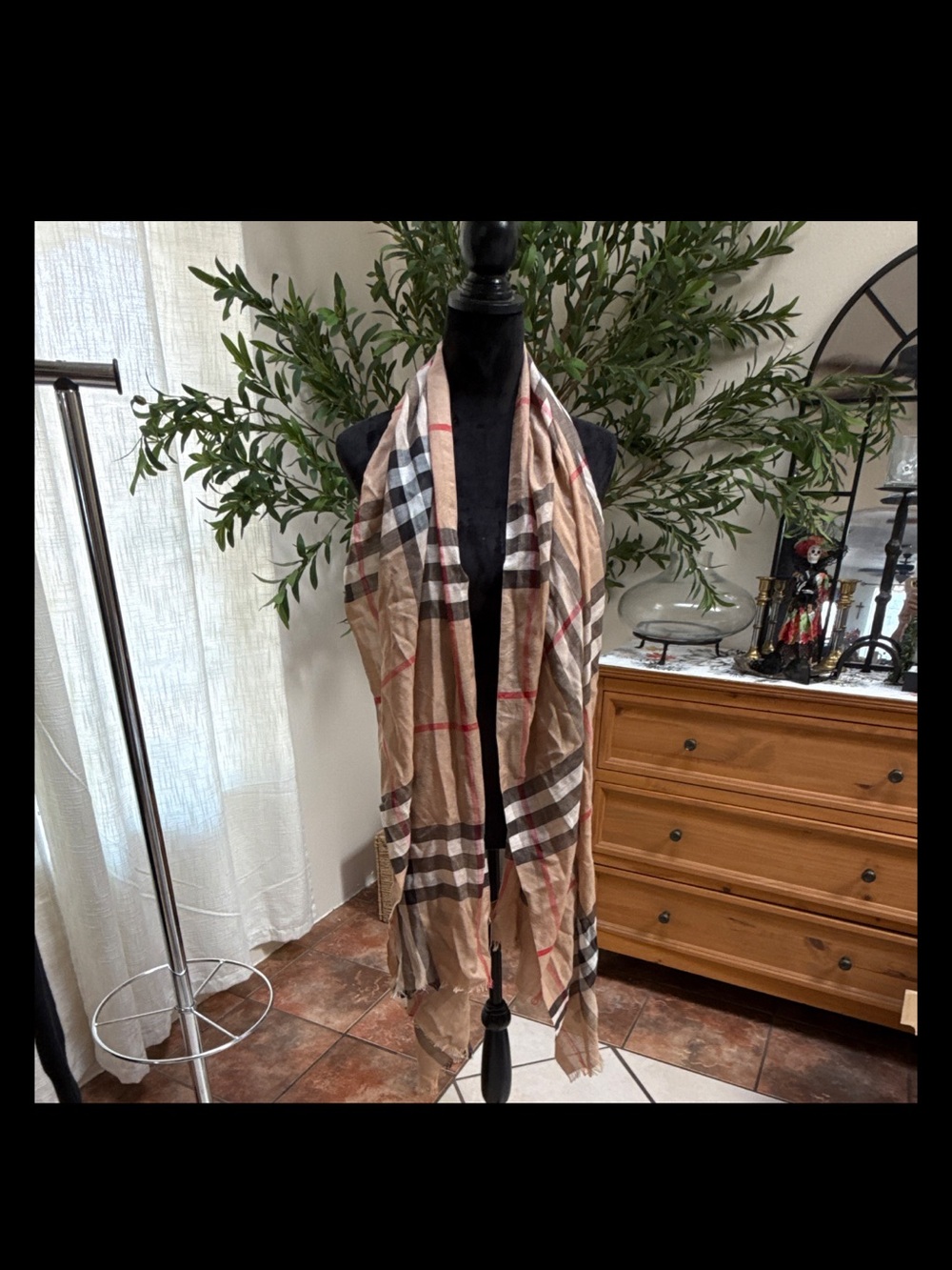Burberry Tan Plaid Scarf with Black, White & Red Stripes - Picture 2 of 10